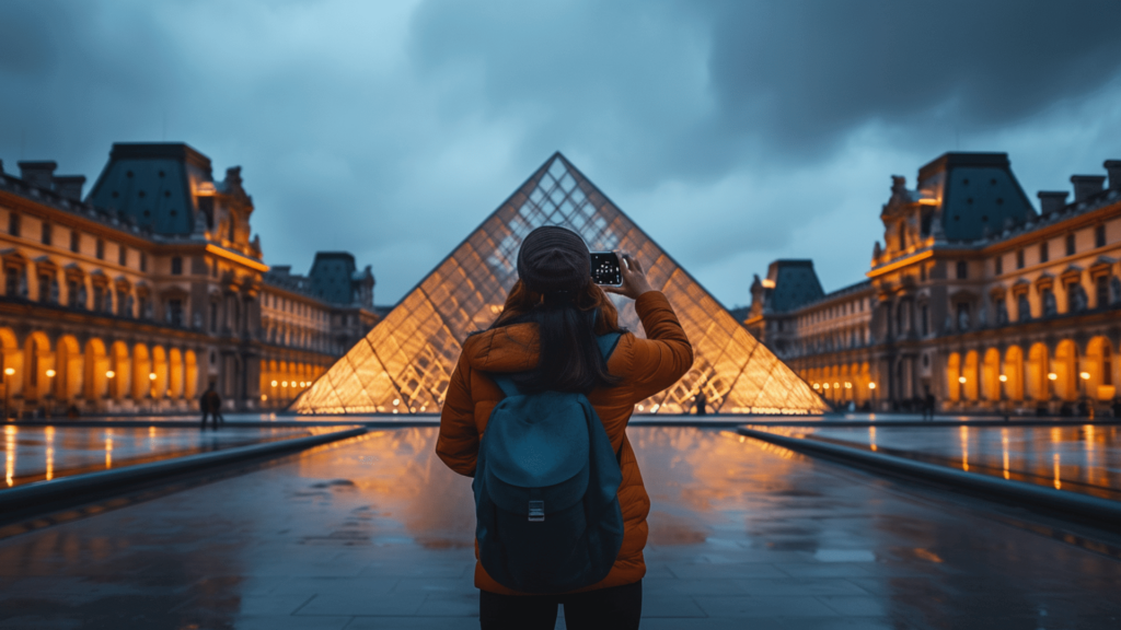a woman taking a photo of the Louvre Pyramid at dusk