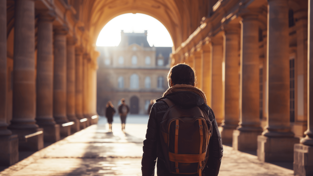 a student walking along the grounds of the University of Paris