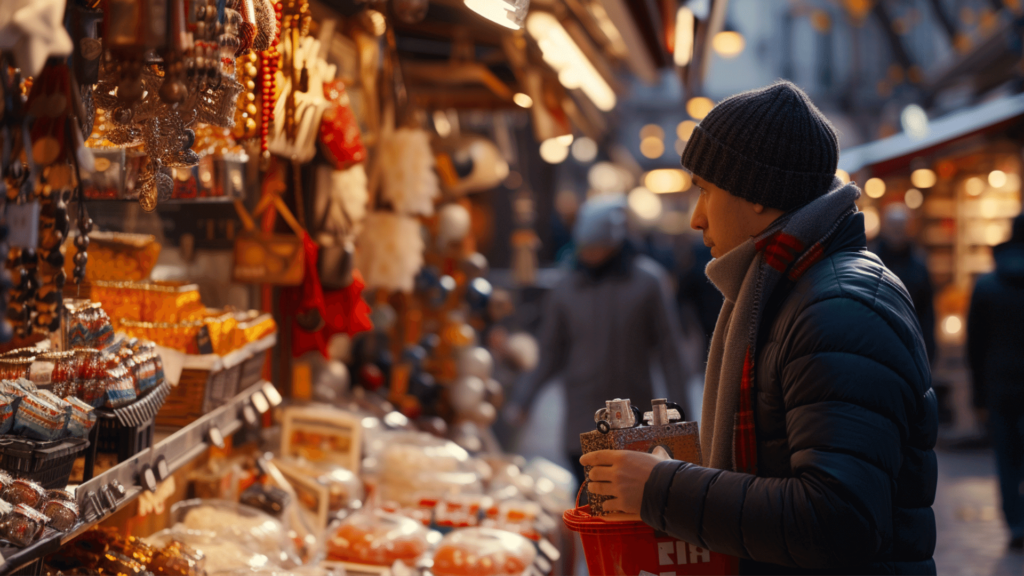 a man buying souvenirs at a local bazaar stall