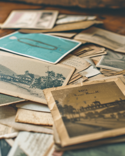 old travel postcards scattered on a wooden table
