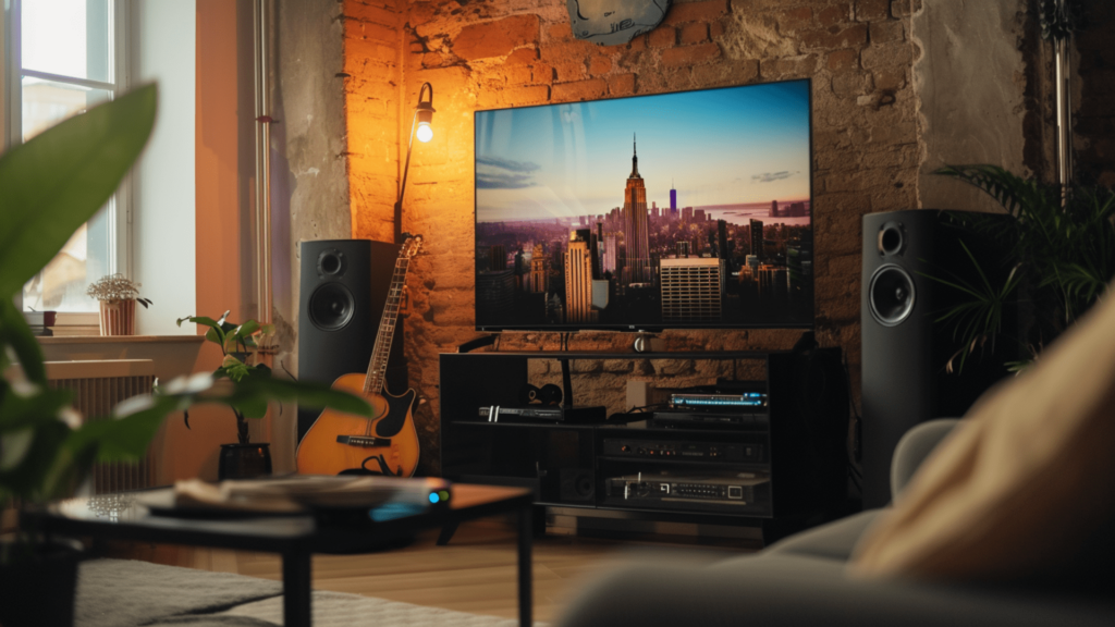 A living room with a flat-screen TV showing the Empire State Building in New York