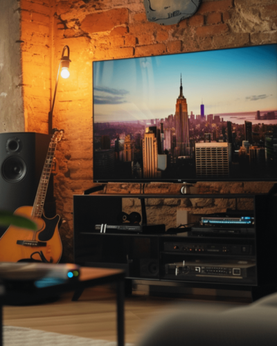 A living room with a flat-screen TV showing the Empire State Building in New York