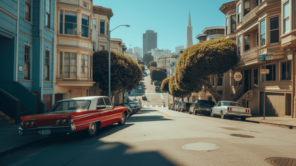A street in San Francisco, California with vintage cars lined on the side of the street