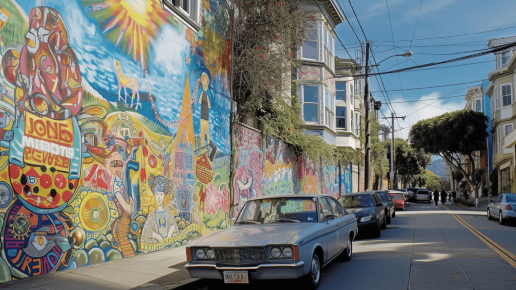 The Haight-Ashbury Street in San Francisco with colorful murals and vintage cars