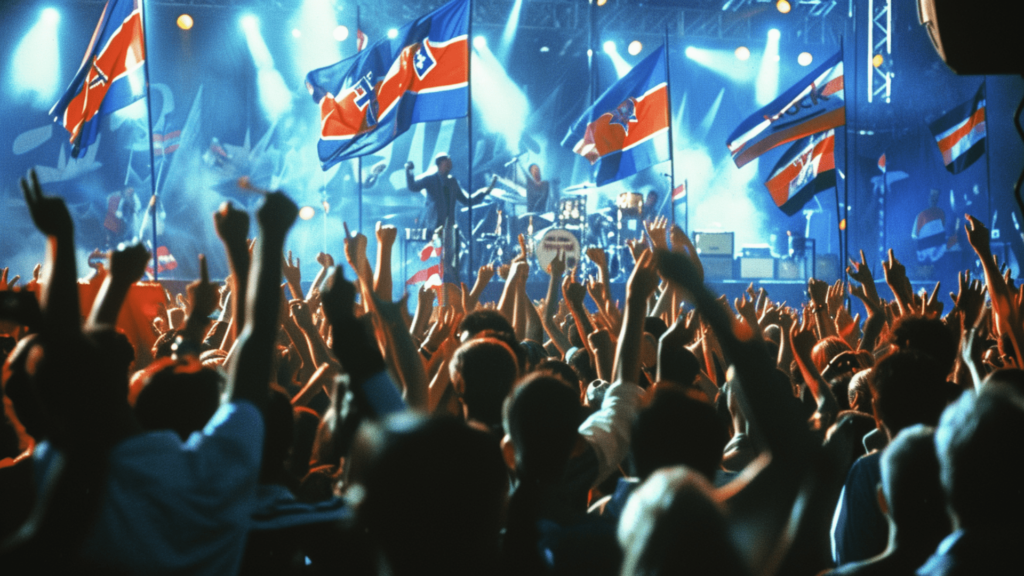 A music concert with fans waving Yugoslav flags while a band is performing