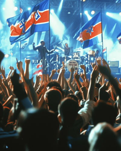 A music concert with fans waving Yugoslav flags while a band is performing