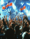 A music concert with fans waving Yugoslav flags while a band is performing