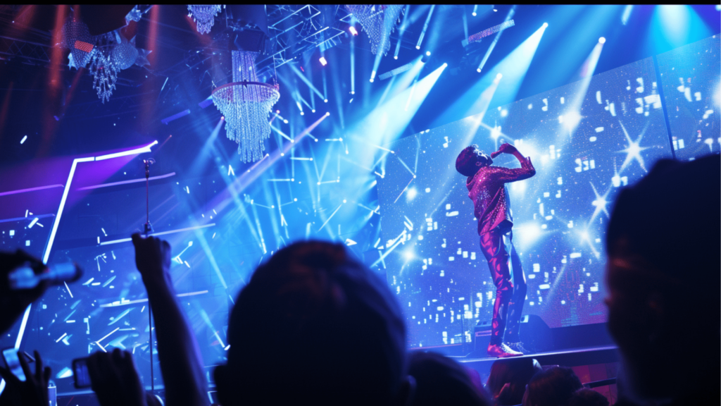 A man performing on stage with vibrant lighting