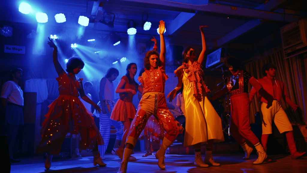 A group of people wearing a 1970s-inspired costume dancing on stage with spotlights