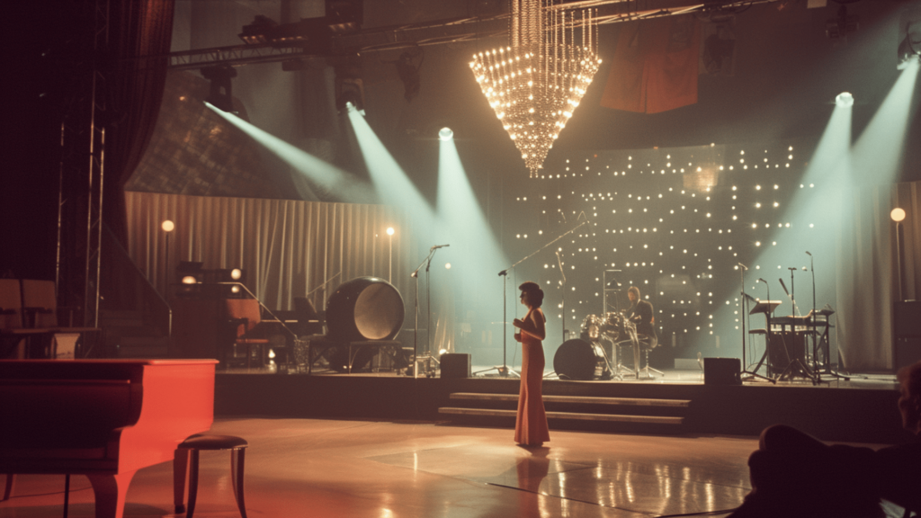 A vintage stage setting with a female singer performing with a band