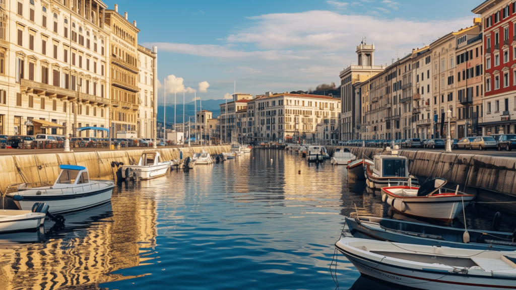 Boats docked at Trieste Harbor, Italy