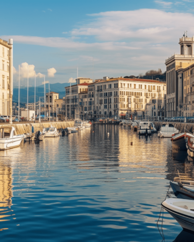 Boats docked at Trieste Harbor, Italy