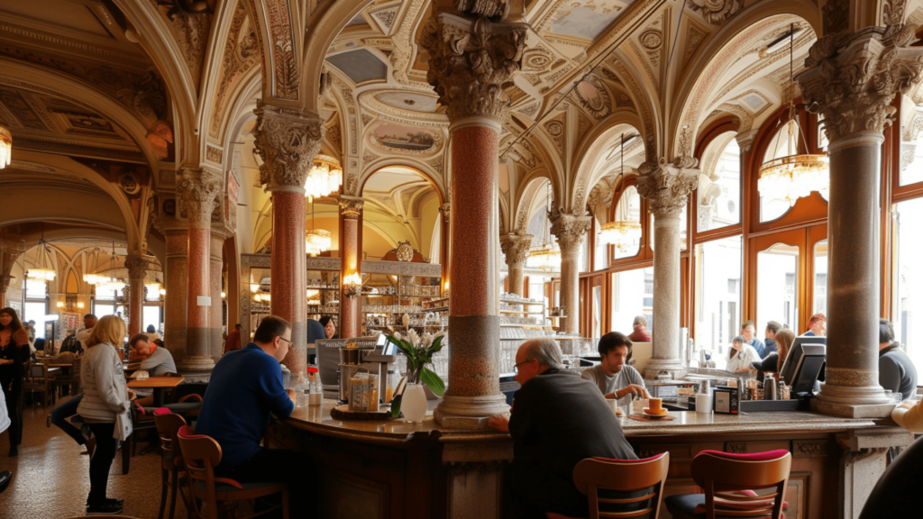 People inside a sophisticated coffee house in Trieste, Italy