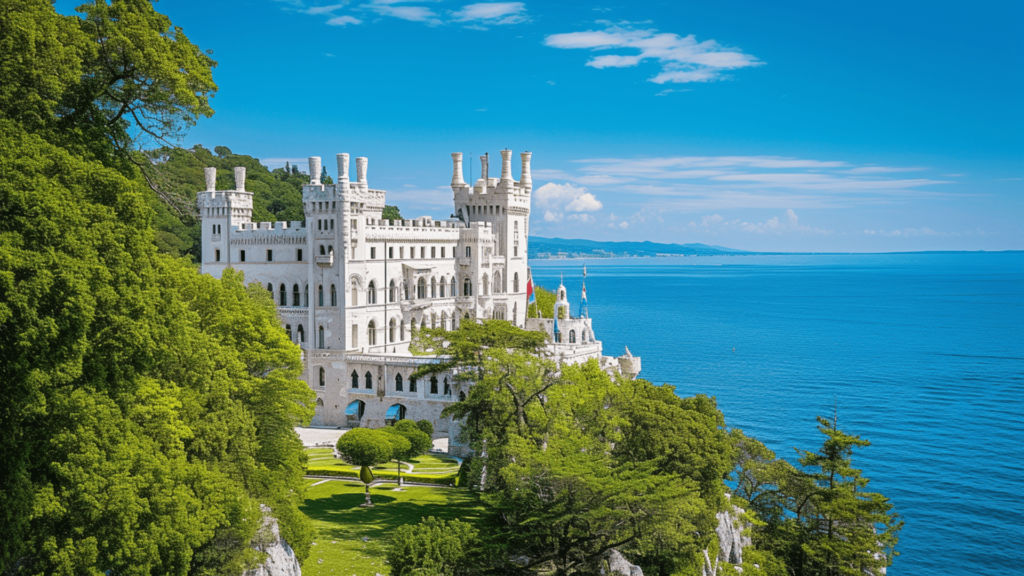 The Miramare Castle set against the backdrop of the Adriatic Sea in Trieste, Italy