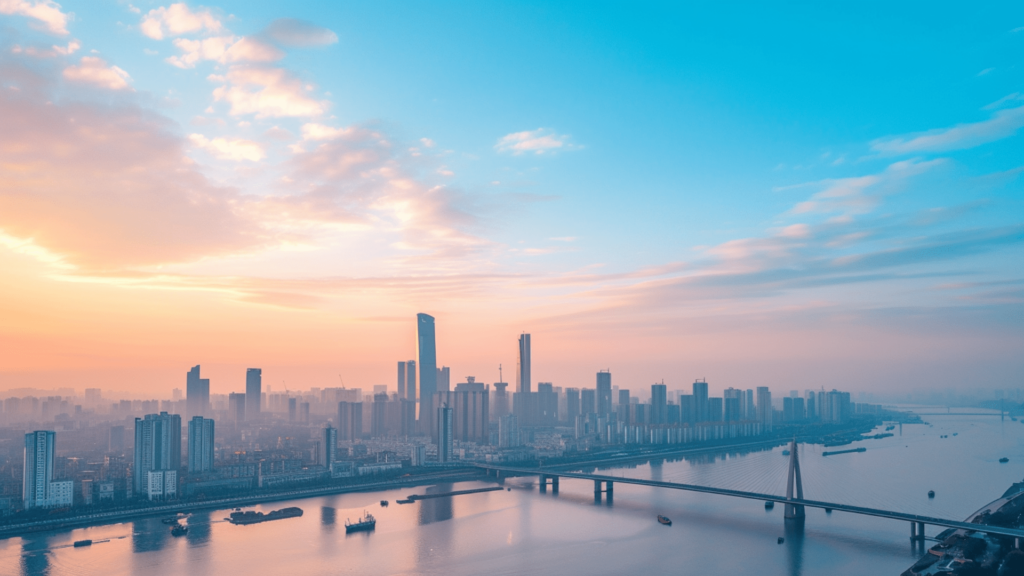 Yangtze River Bridge in Wuhan, China beside the city skyscrapers