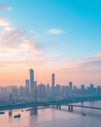 Yangtze River Bridge in Wuhan, China beside the city skyscrapers