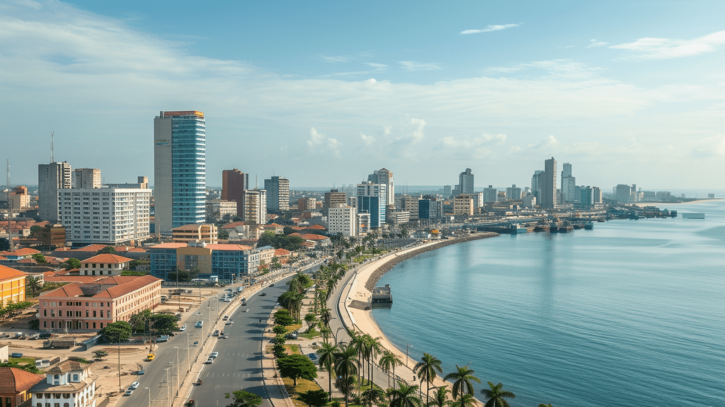 The cityscape of Luanda, Angola with the view of the Atlantic Ocean
