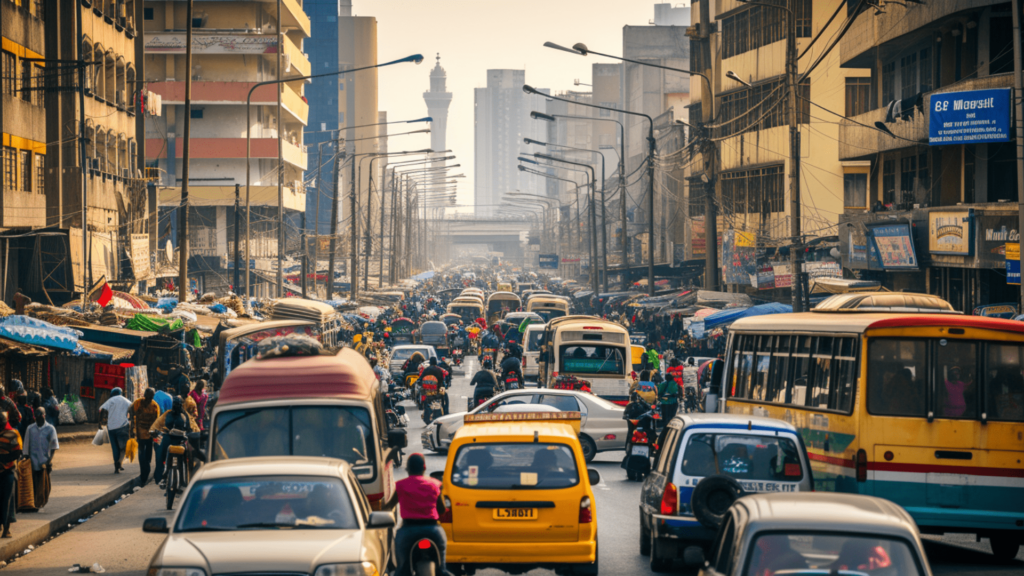 Bunch of cars passing along a bustling street in Lagos, Nigeria