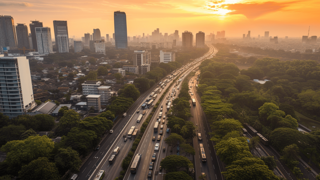 Roads filled with diverse transport modes beside the high-rise buildings in Jakarta, Indonesia
