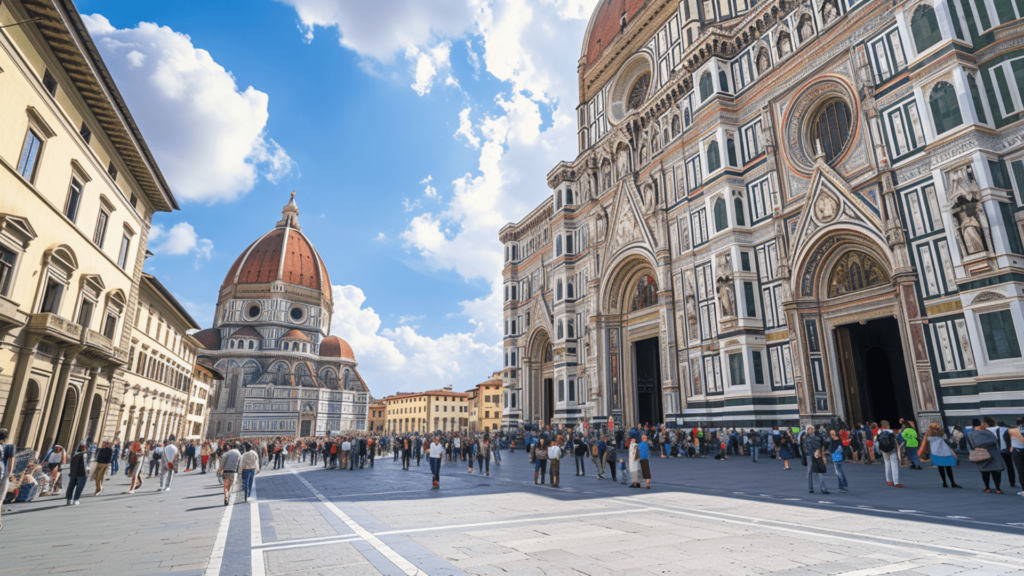Tourists walking along the iconic Duomo in Florence, Italy
