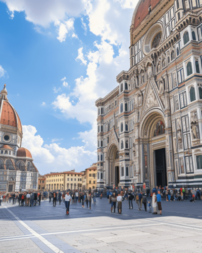 Tourists walking along the iconic Duomo in Florence, Italy