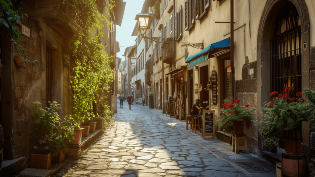 A cobblestone alley with outdoor cafes and restaurants in Florence, Italy