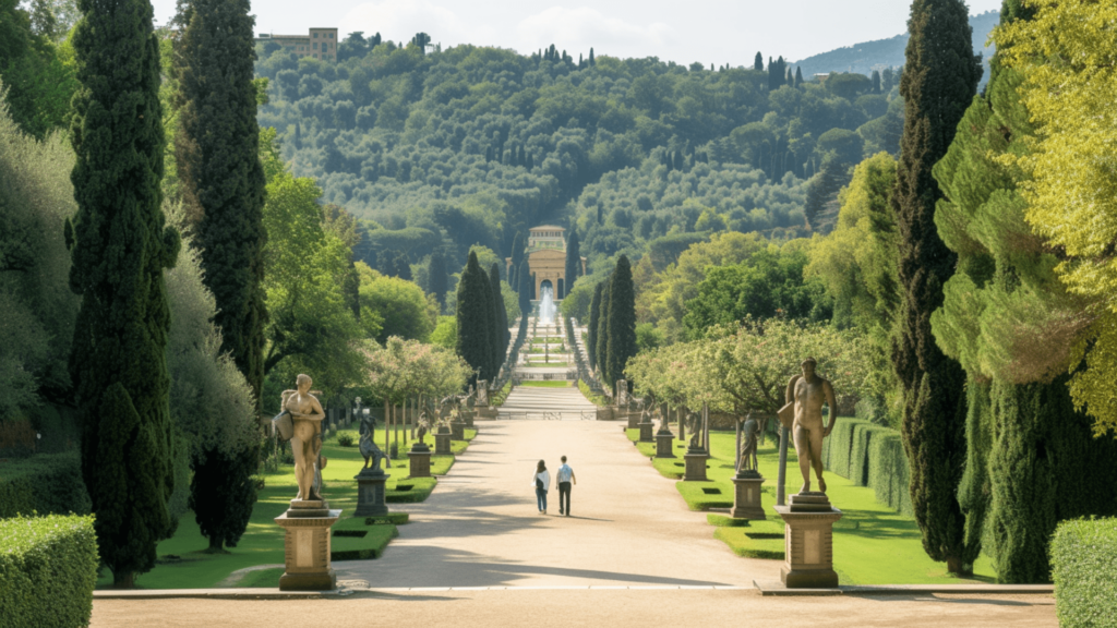 A couple walking along the pathway of Boboli Gardens in Florence, Italy