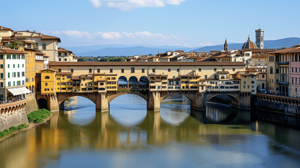 The unique shops built along Ponte Vecchio Bridge in Florence, Italy