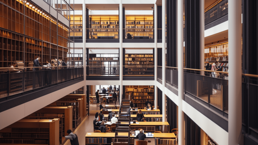 People studying and reading books inside The British Library in London, UK