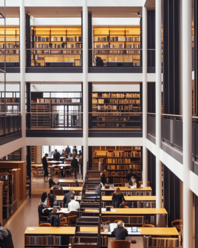 People studying and reading books inside The British Library in London, UK