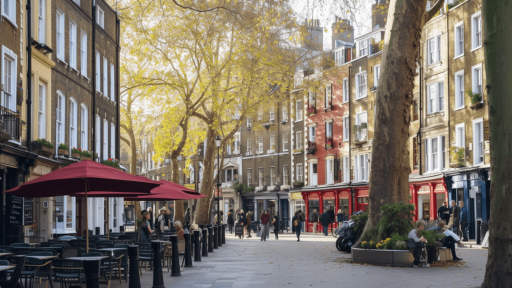 Elegant Georgian squares and cafes along the Bloomsbury area in London, UK