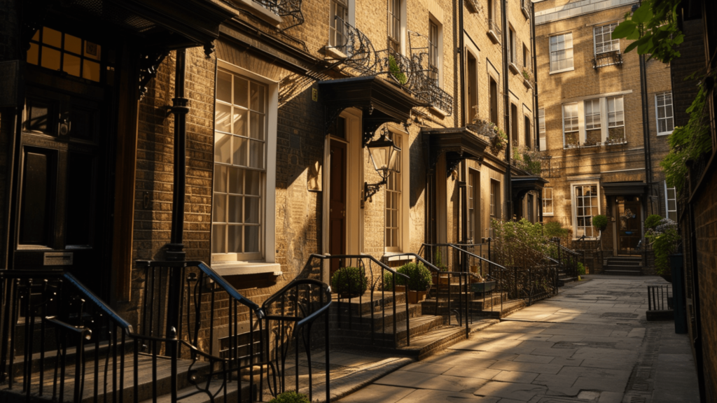 Victorian-inspired houses along an alley at Baker Street in London, UK