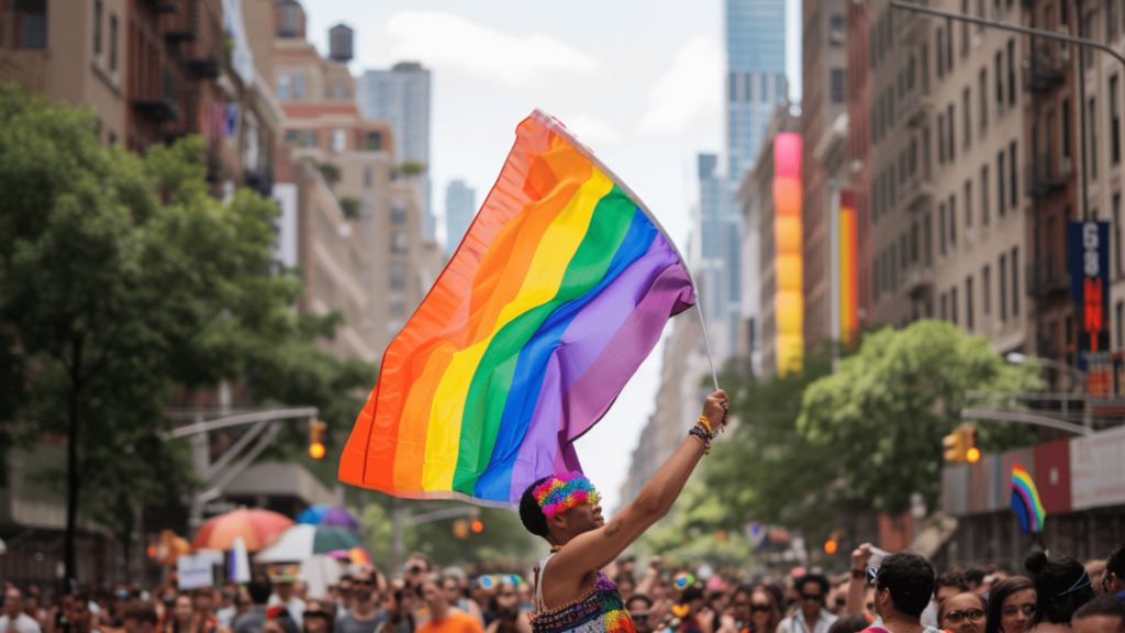 A man waving the PRIDE flag during an LBGTQ+ event in New York City