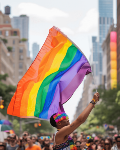 A man waving the PRIDE flag during an LBGTQ+ event in New York City