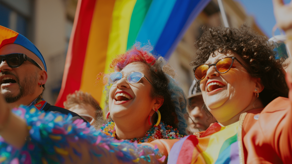 Three LGBTQ+ advocates wearing colorful outfits with the PRIDE flag as the backdrop