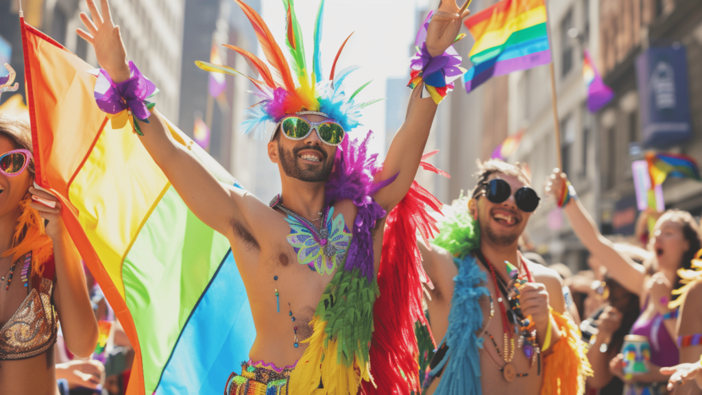 People in vibrant costumes during a PRIDE parade in New York City