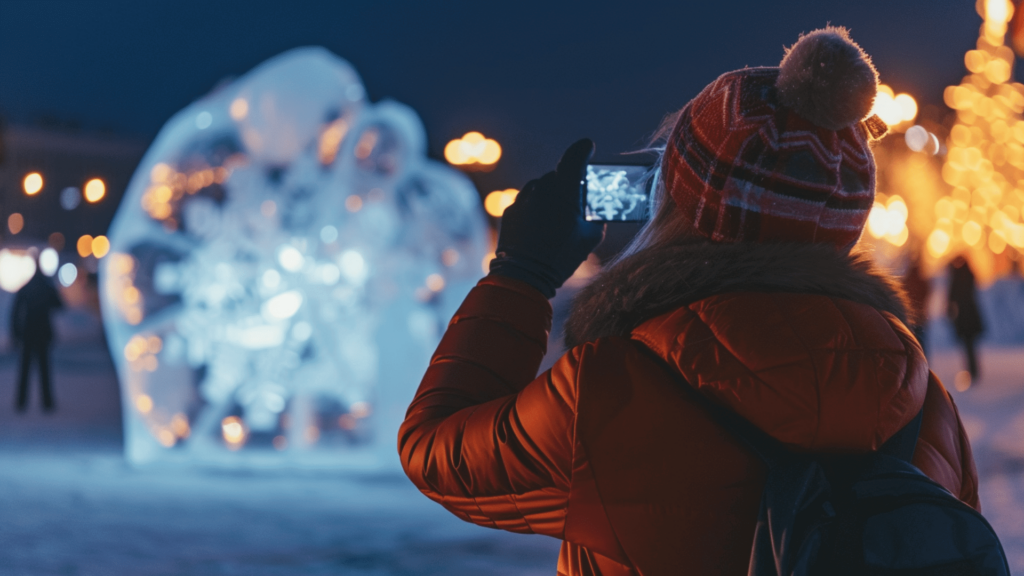A woman taking a photo of an ice sculpture in Murmansk