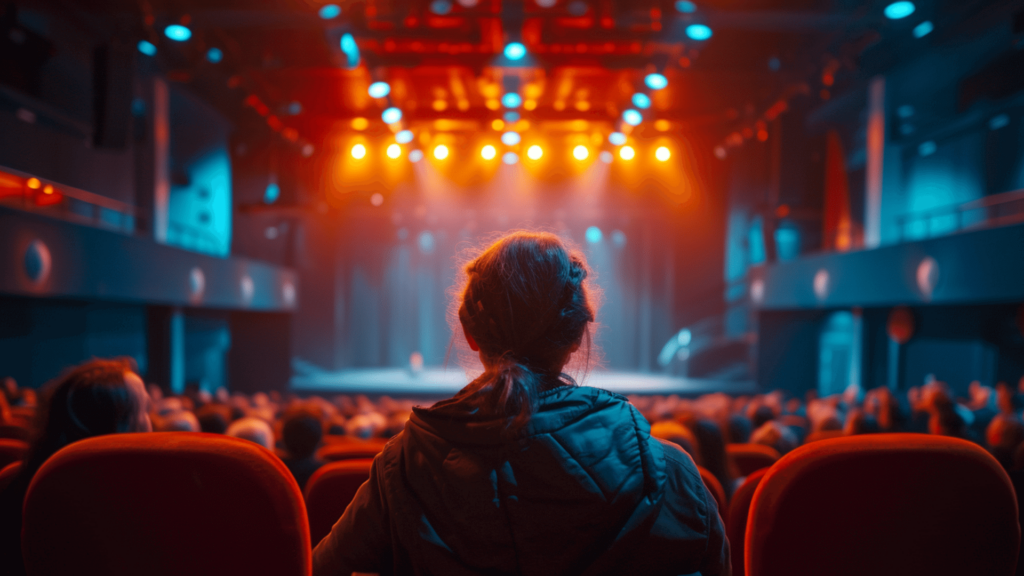 A woman in a theater watching a performance