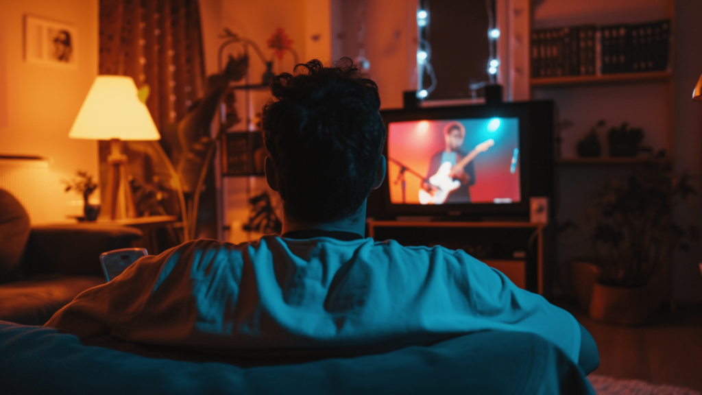 A man watching a live music concert on an analog TV