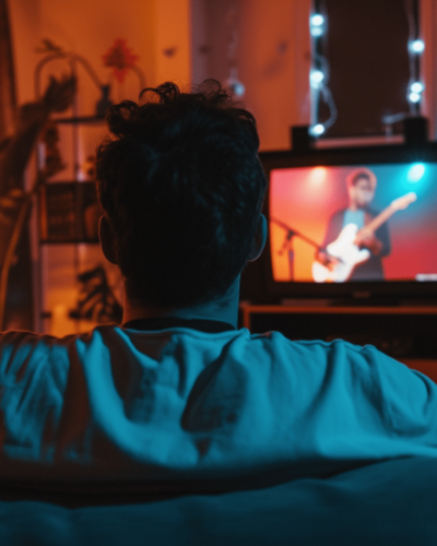 A man watching a live music concert on an analog TV