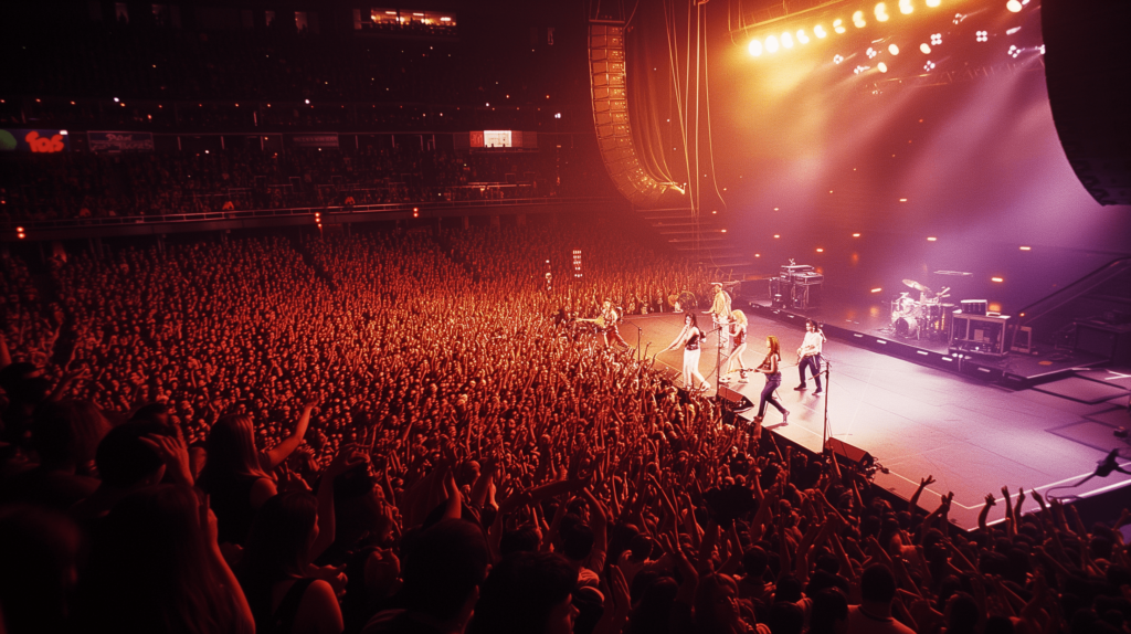 A girl group singing and performing on stage before a huge crowd in the 90s