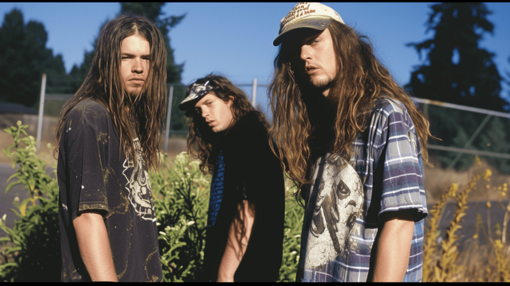 Three long-haired men wearing graphic shirts standing on the street in Seattle, Washington