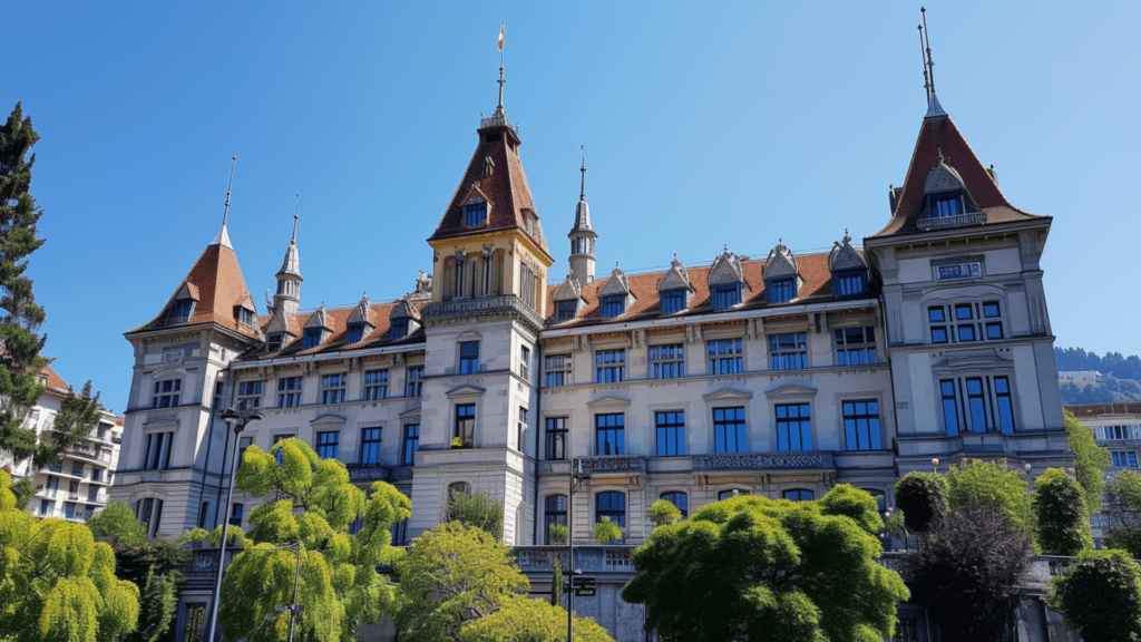 The Palais de Justice under clear skies with trees in the foreground in Lausanne, Switzerland