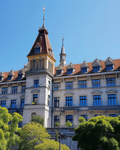 The Palais de Justice under clear skies with trees in the foreground in Lausanne, Switzerland