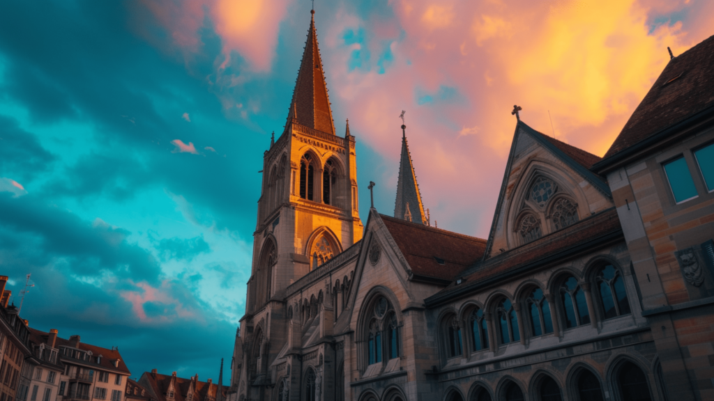 A low-angle shot of the Lausanne Cathedral under gradient sunset skies in Lausanne, Switzerland