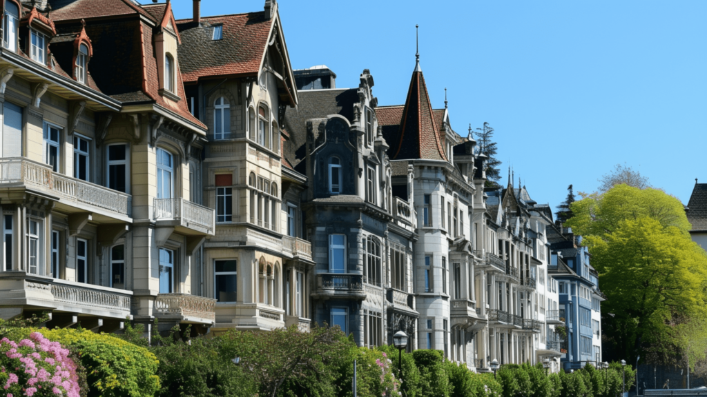 Luxury houses with similar intricate exterior designs in Lausanne, Switzerland 