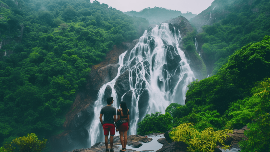 A couple marveling at the cascading water and lush greenery of Dudhsagar Falls in Goa, India