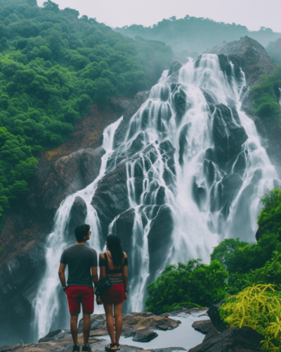 A couple marveling at the cascading water and lush greenery of Dudhsagar Falls in Goa, India
