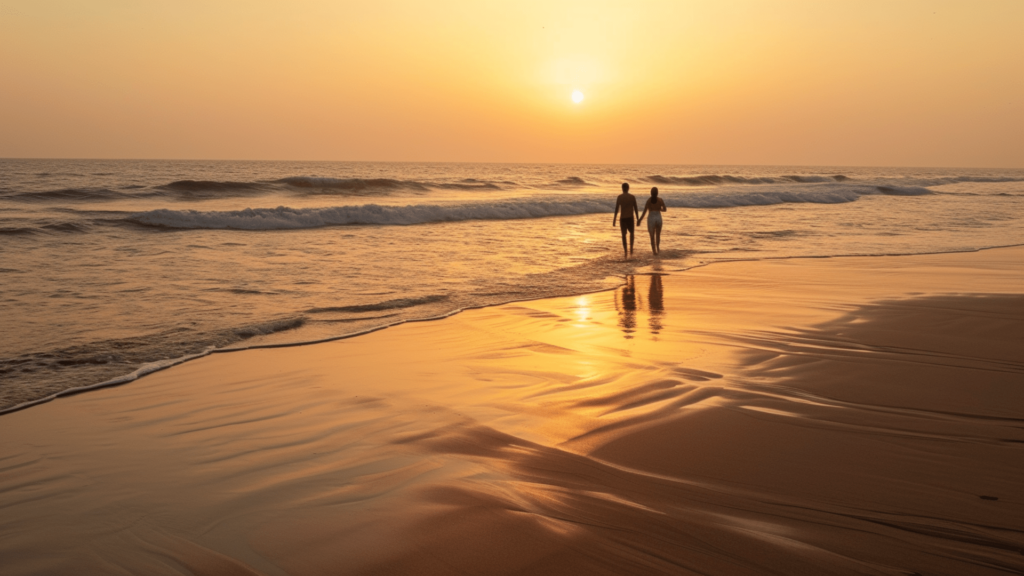 A couple walking towards the waters of Colva Beach in Goa, India during sunset