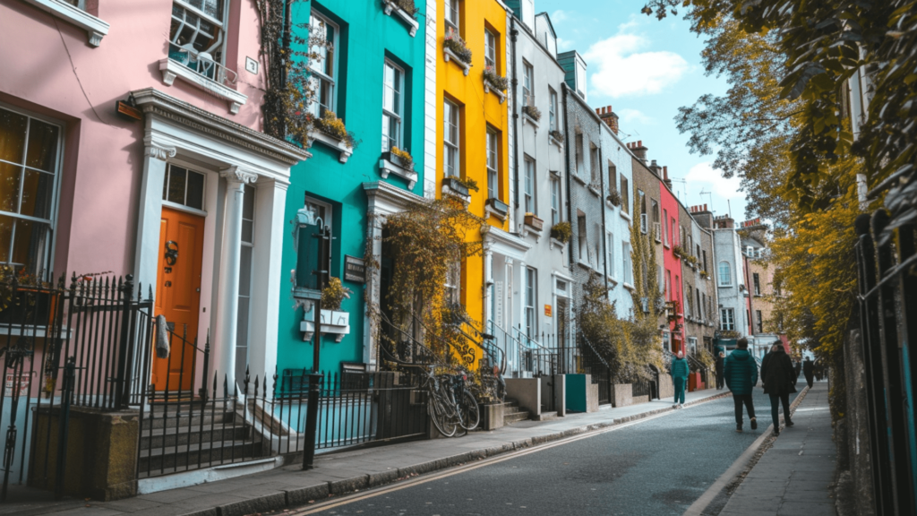 Colorful houses lined up in a quiet neighborhood where few people can be seen walking in Dublin, Ireland